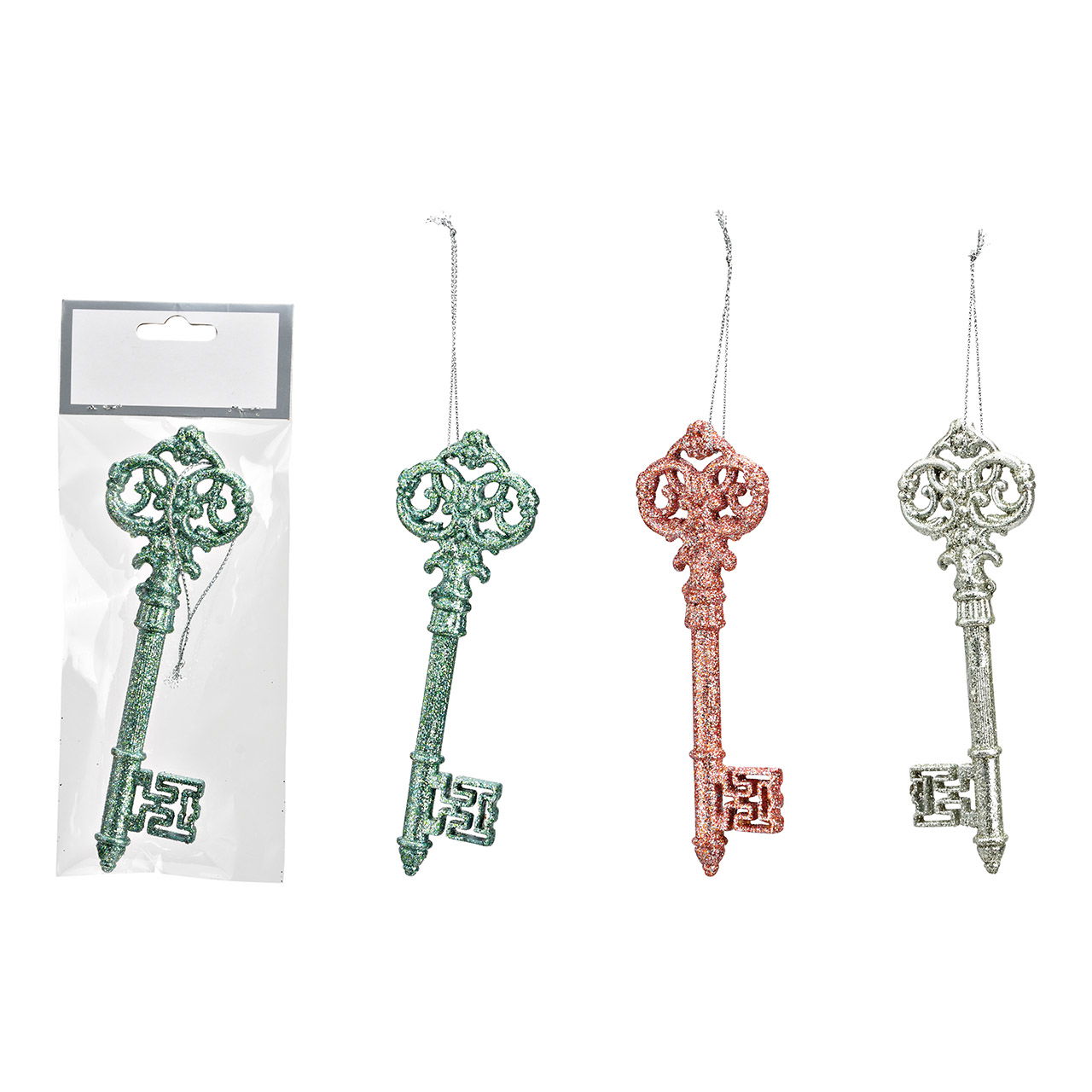 Hanger key with glitter made of plastic champagne, green, pink 3-fold, (W/H) 5x15cm