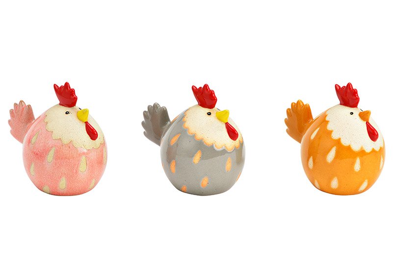 Stoneware chicken colorful, 3-fold (W/H/D) 9x9x6cm