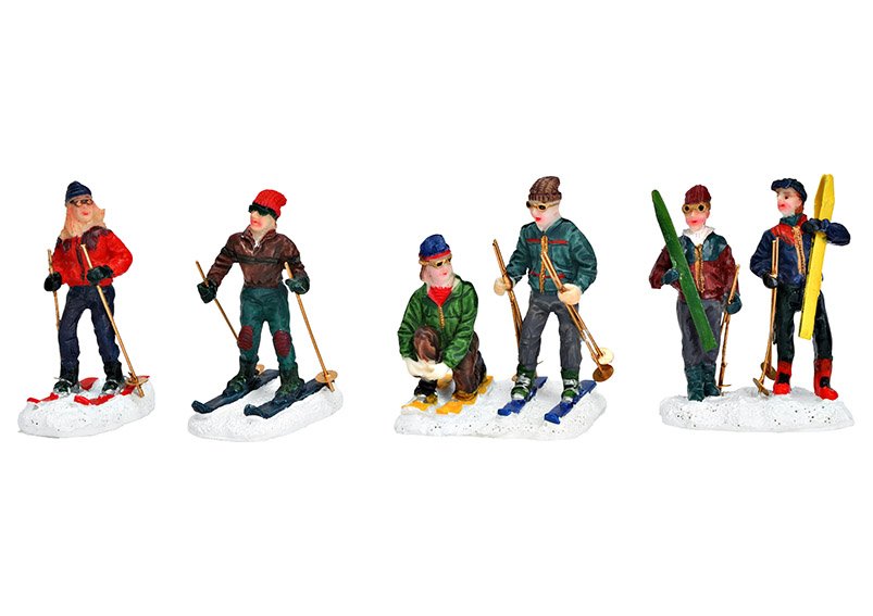 Figurines miniatures de skieurs en poly multicolore 4x, (L/H/P) 5x6x4cm 4x6x3cm
