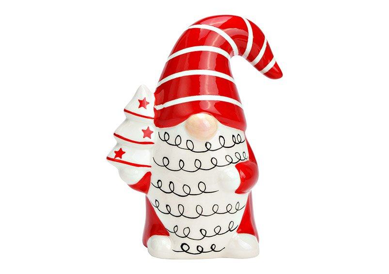 Elfo con albero di Natale in ceramica rossa, bianca (L/H/D) 10x16x7cm