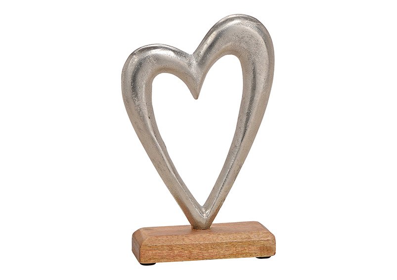 Heart made of metal, on mango wood base, silver and brown color, (b/h/t) 14x21x5cm