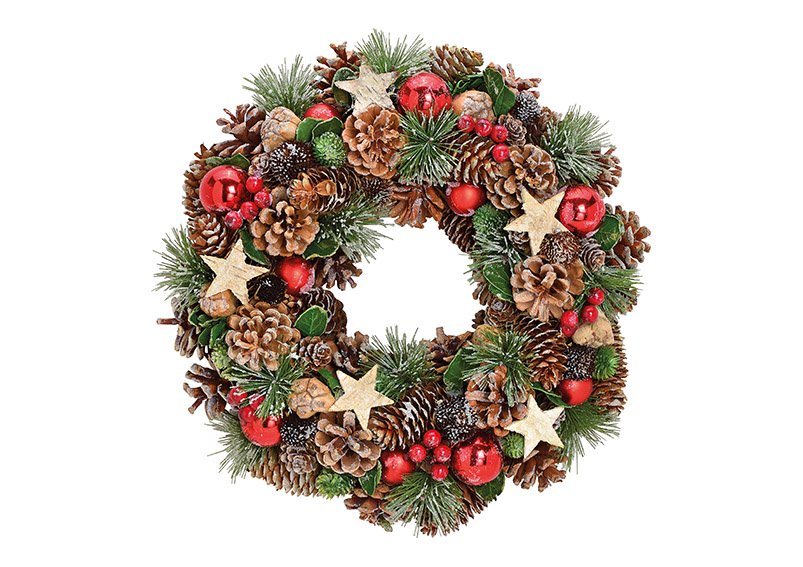 Christmas wreath, with star, balls, wood, plastic, 34x8x34cm