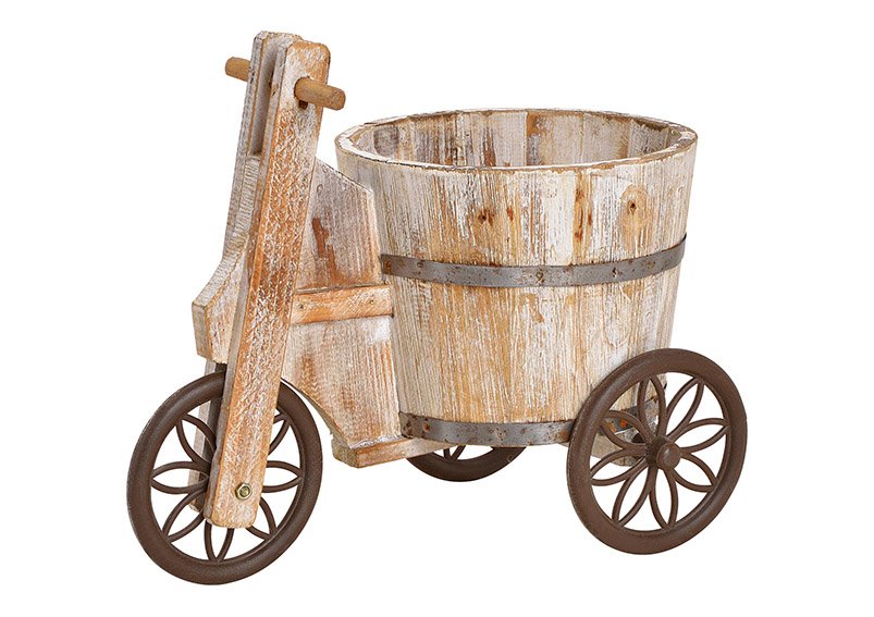 Chariot à trois roues avec tonneau en bois Marron (L/H/P) 20x24x30cm