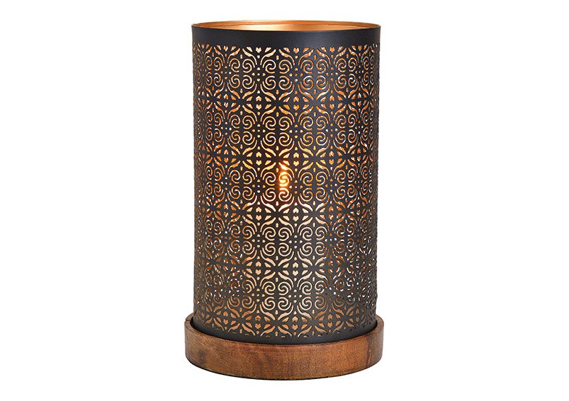 Windlight, on wooden base, metal, black, 16x28x16cm