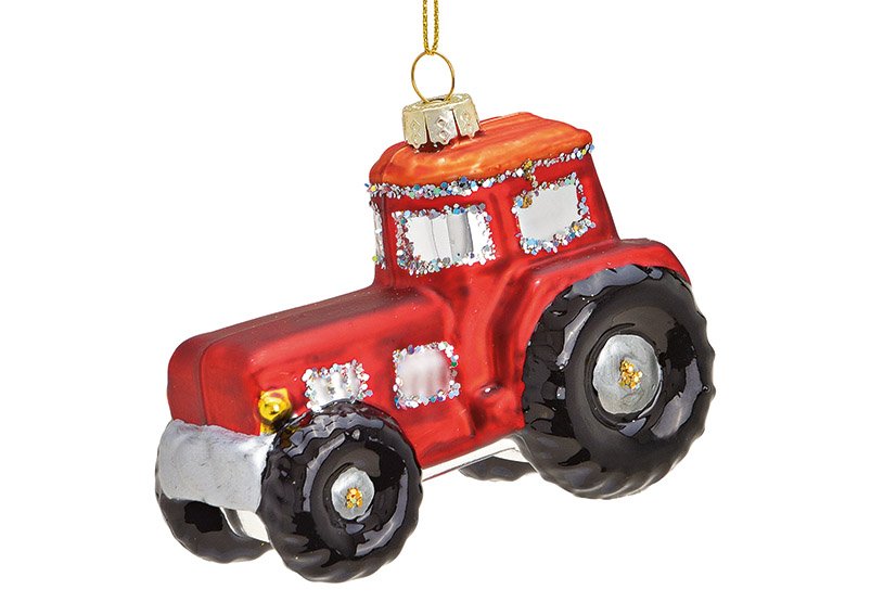 Christmas hanger tractor made of glass red (W/H/D) 9x7x5cm