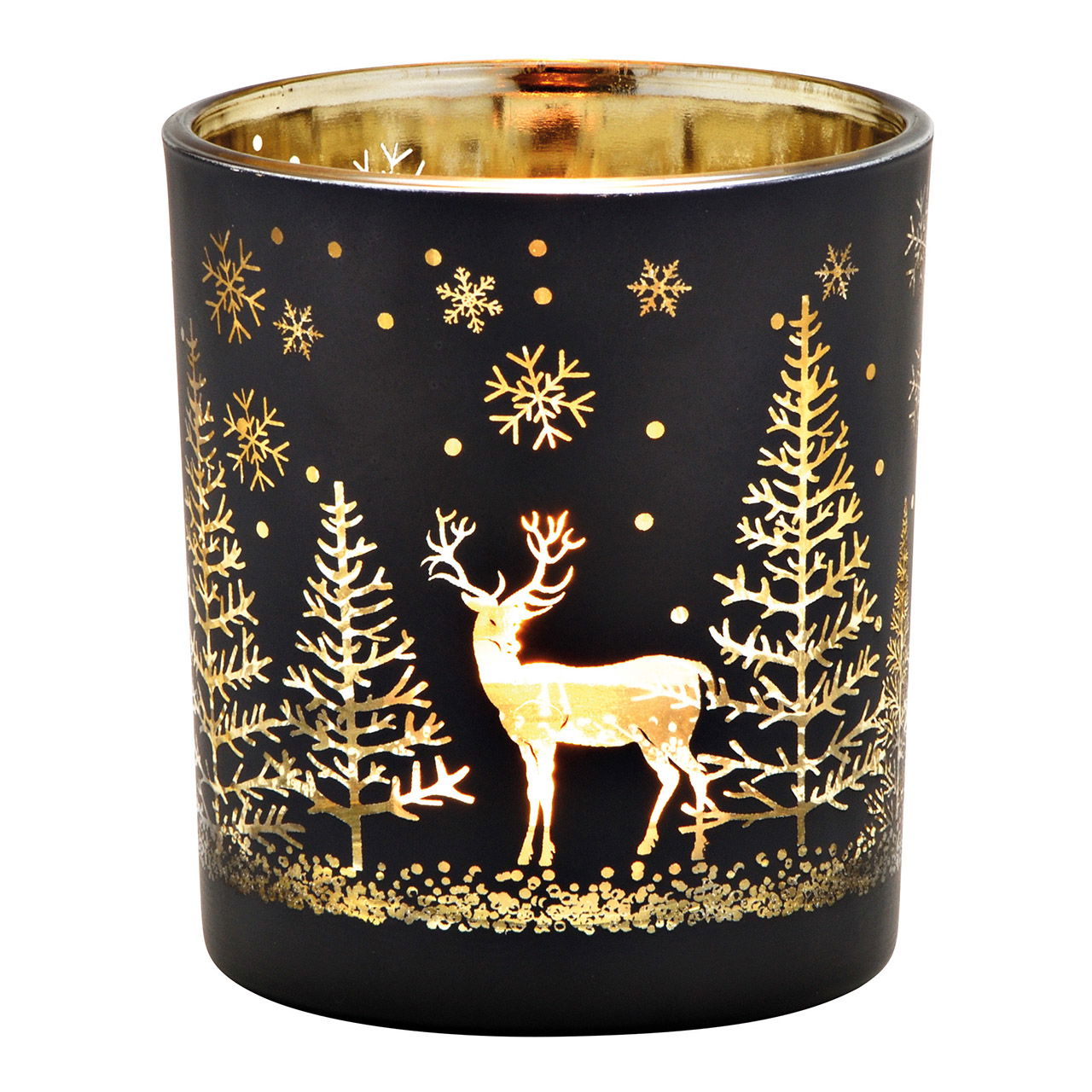 Windlicht Winterwald Dekor aus Glas Schwarz, gold (B/H/T) 9x10x9cm