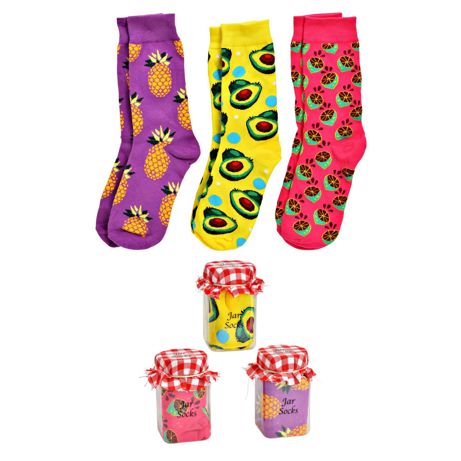 Fruitsokken in een blikje 1 paar gemaakt van katoen, driedubbel, roze/paars/geel (B/H/D) 6x11x6cm Bekleidung, Strumpfwaren, Socke, Schuhe, Schuh