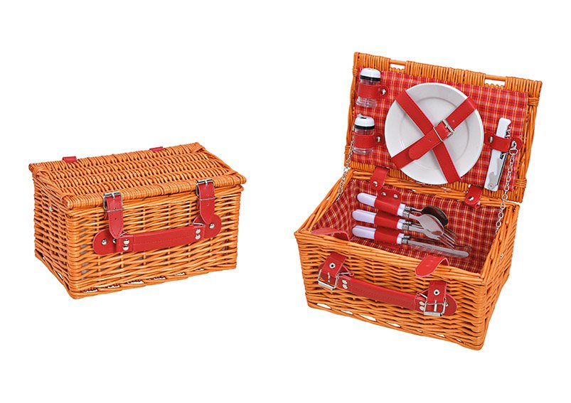 Picknick basket for 2 person, brown, red, set of 12pcs, 30x16x19cm