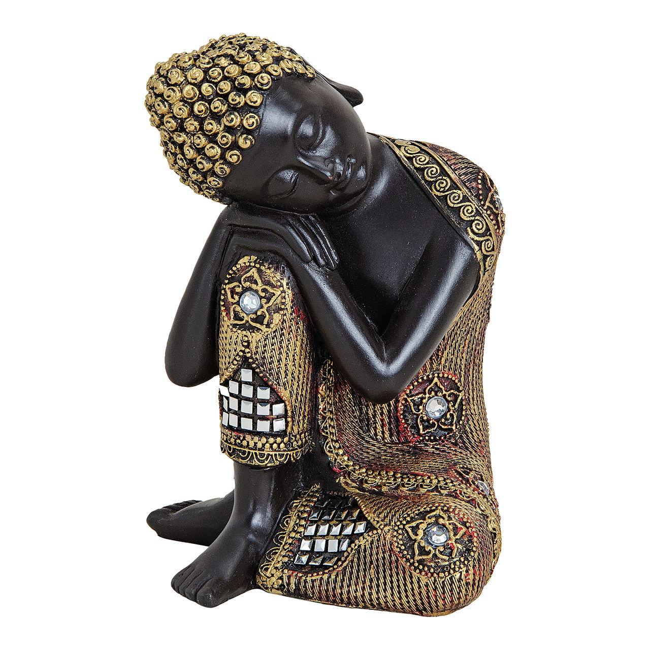 Bouddha noir/or en poly, L12 x P12 x H17 cm