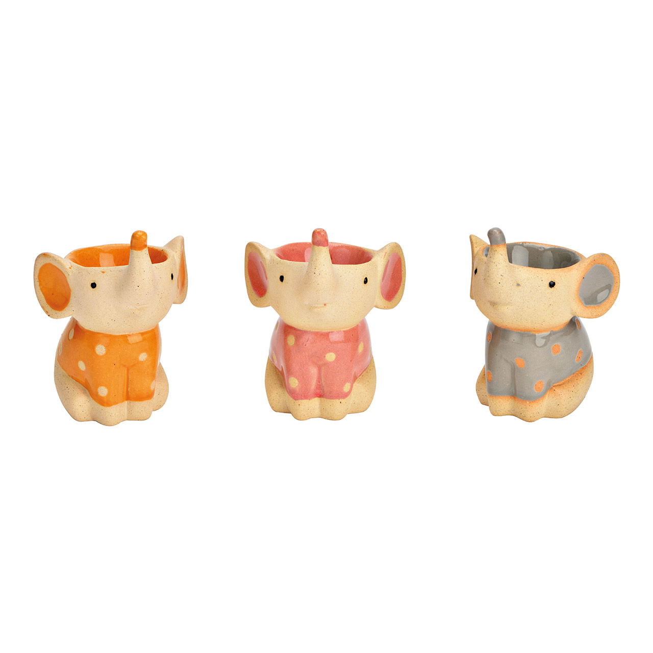 Elefante portauovo in gres, triplo, arancio/rosa/grigio (L/H/D) 8x10x7cm Elefante portauovo in gres, triplo, arancio/rosa/grigio (L/H/D) 8x10x7cm