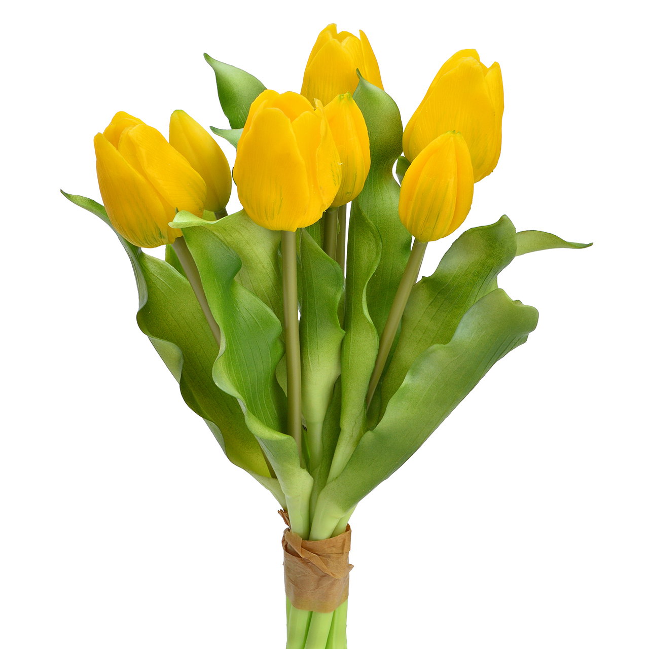 gelbe tulpen, tulpenstrauß, grüne blätter, blütenstiel, gebundene stiele