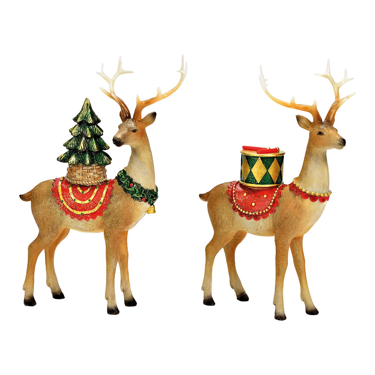 Cerf avec sapin, tambour en poly vert, rouge 2 fois, (L/H/P) 13x24x5cm