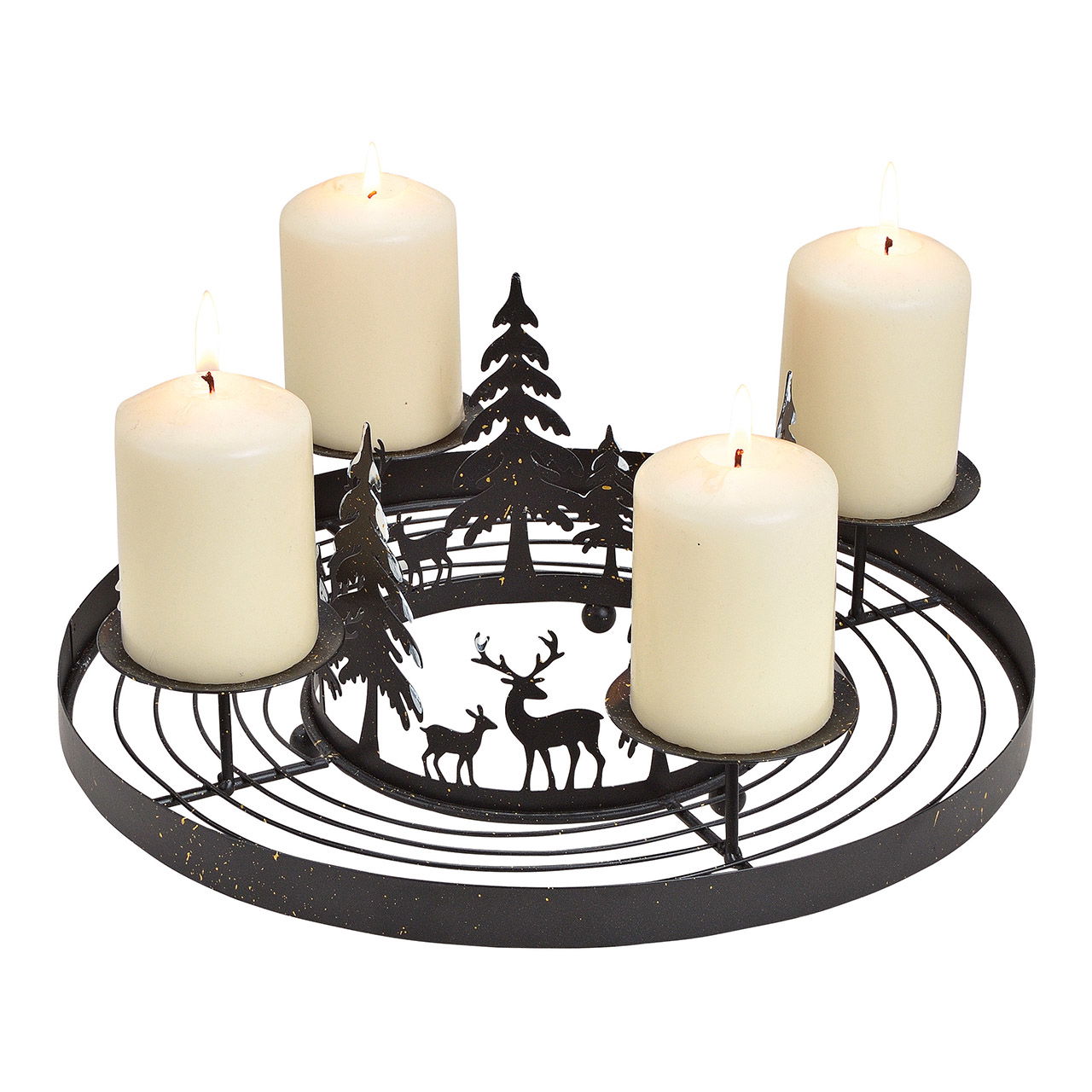 Adventskranz mit Winterwald Dekor aus Metall, Schwarz (B/H/T) 30x13x30cm Adventskranz mit Winterwald Dekor aus Metall, Schwarz (B/H/T) 30x13x30cm