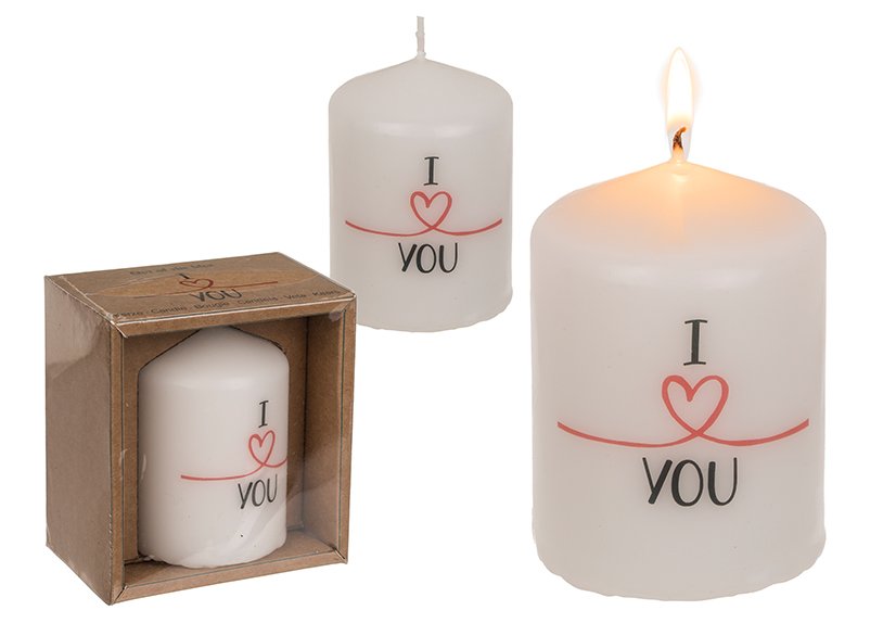 Pillar candle, I love you in wax kraft paper packaging White (W/H/D) 6x8x6cm