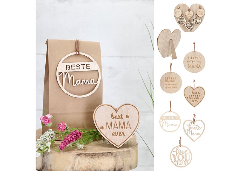 Hanger heart, sayings, mom... made of wood natural 6-fold, (W/H) 10x10cm