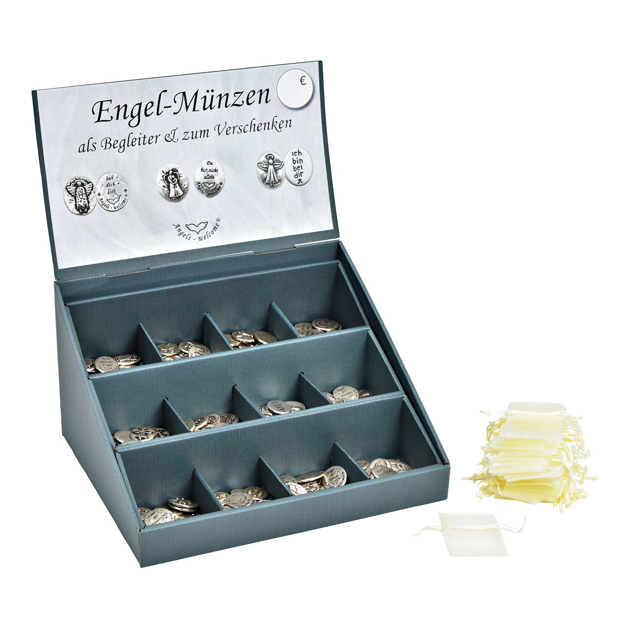 Engelenmuntjes in metalen etagedisplay, 12-voudig, zilver (B/H) 2x3cm Engelenmuntjes in metalen etagedisplay, 12-voudig, zilver (B/H) 2x3cm