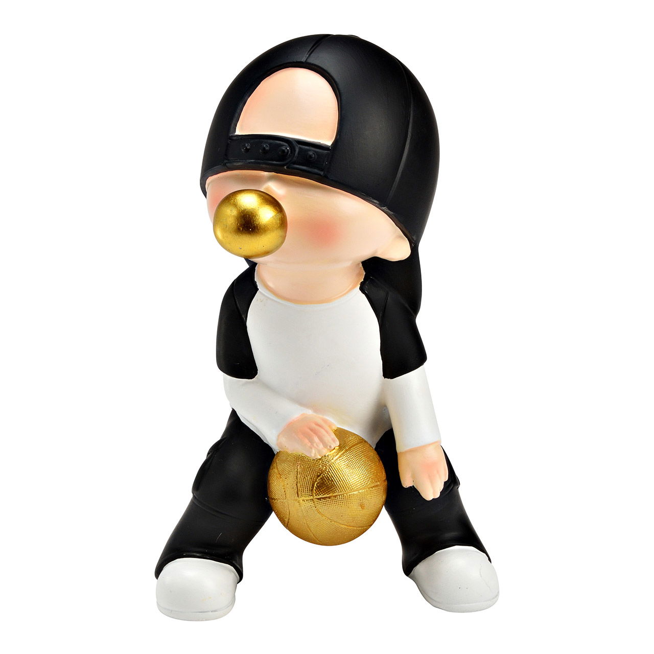 Basketball boy figure with chewing gum bubble made of poly black/white/gold (W/H/D) 14x23x14cm