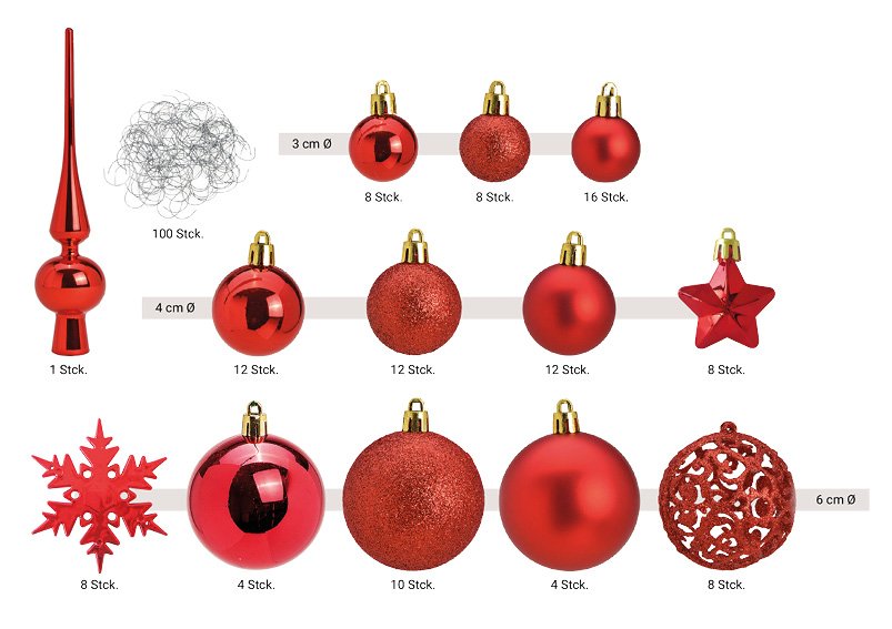 Set di palline di Natale in plastica rosse 111 pezzi, (L/H/D) 36x23x12cm Ø 3/4/6 cm