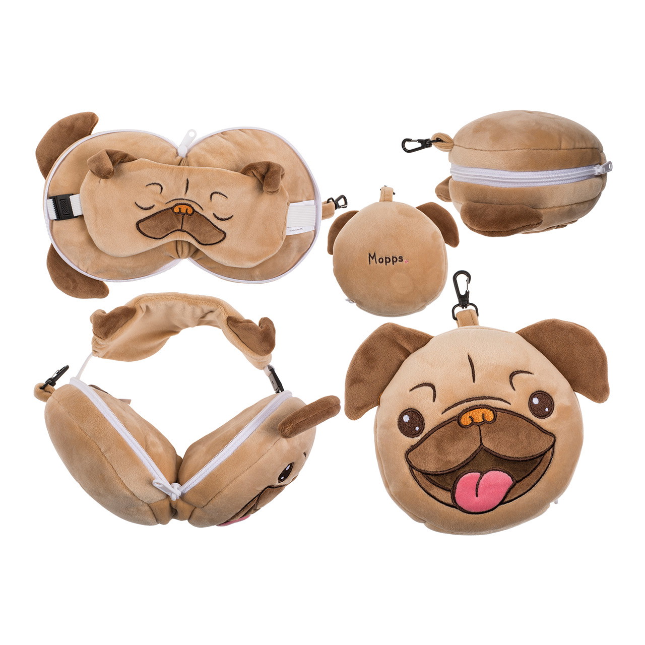 Children's plush travel cushion with eye mask pug, made of textile brown (W/H/D) 14x18x9cm Children's plush travel cushion with eye mask pug, made of textile brown (W/H/D) 14x18x9cm