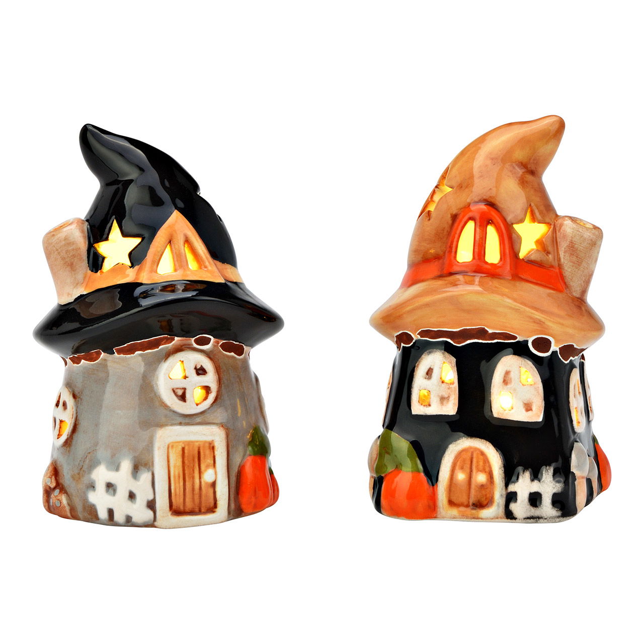 Maison de sorcière avec LED Décor Halloween en céramique, 2 fois, multicolore (L/H/P) 6x10x6cm Fonctionnement sur piles 2xLR44 non incluses