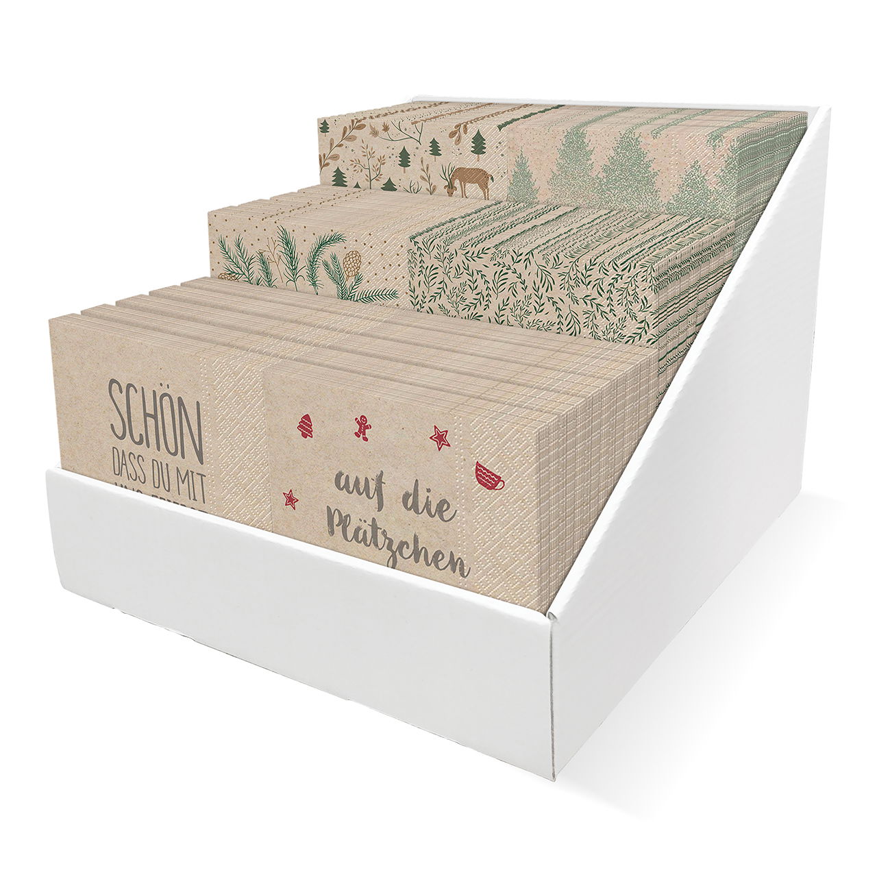 Serviette, We Care recylcling, Weihnachten Dekor, aus Papier/Pappe, 3-lagig, 20er Pack, 6-fach, Weiß (B/H) 33x33cm 30Stk/Display