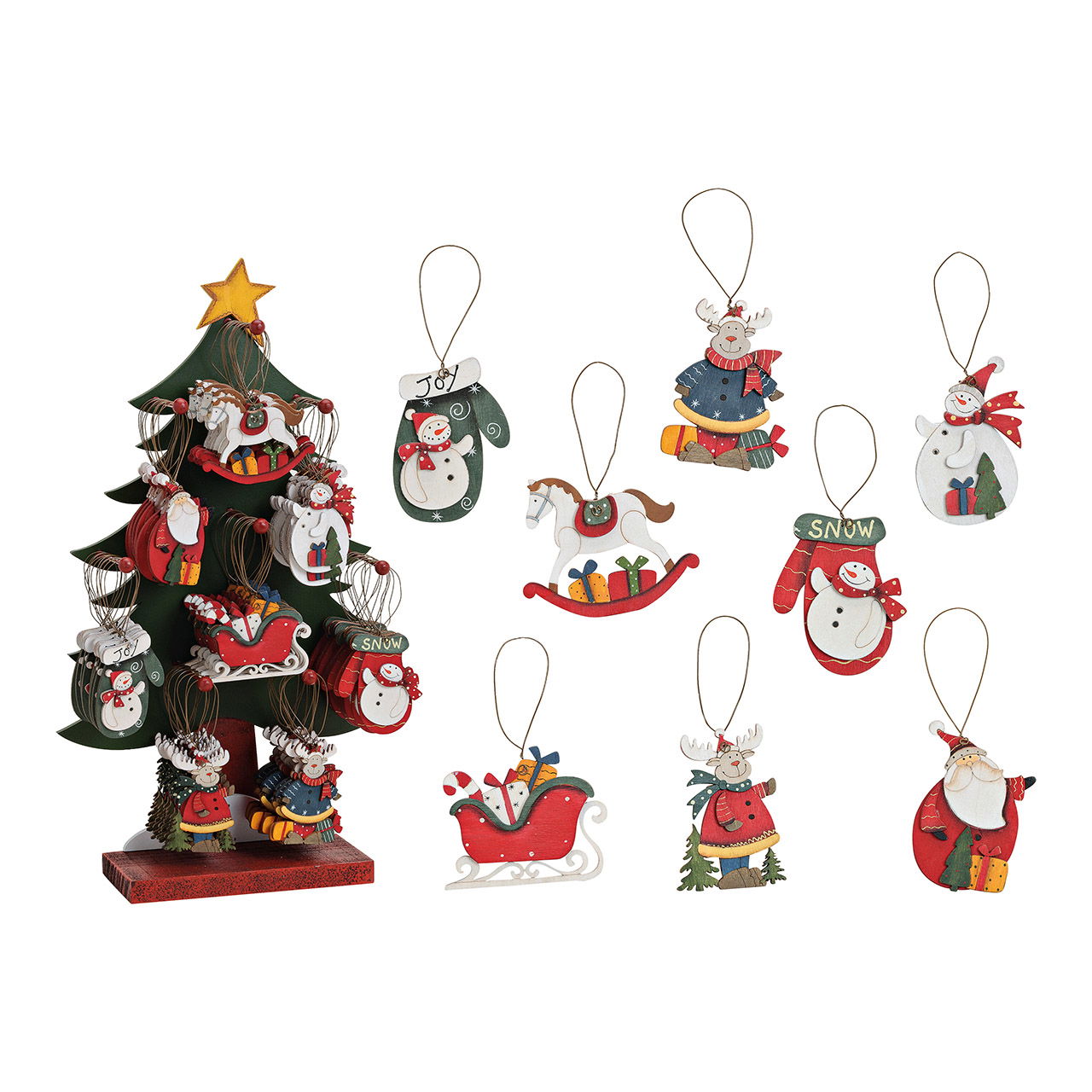 Weihnachtshänger aus Holz auf Baumständer, 8-fach, Bunt (B/H/T) 7x8x0.5cm