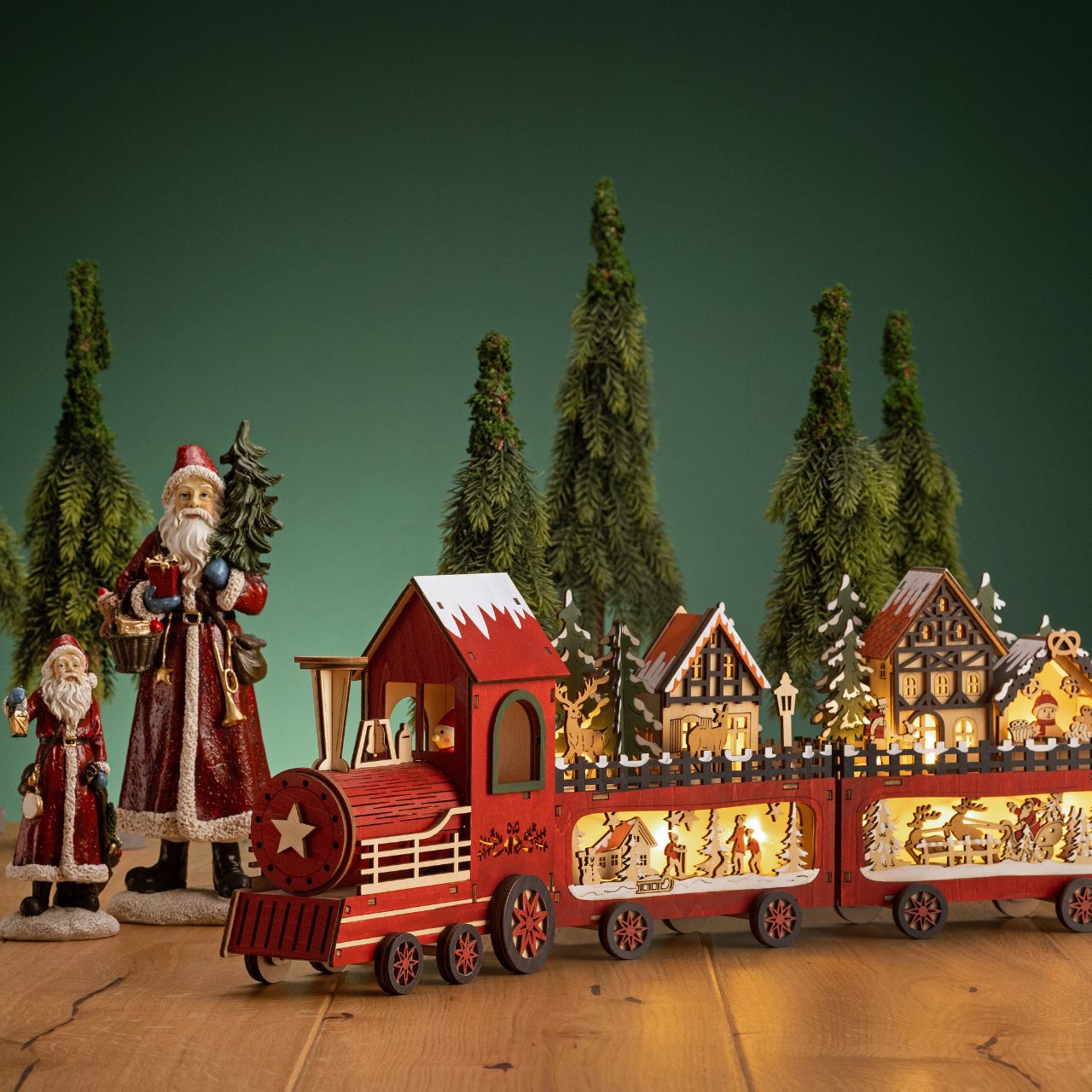 Scena invernale Treno di Natale con LED, funzionamento a batteria 2xAA non inclusa, scatola di batterie a doppia funzione con timer in legno rosso (L/H/D) 56x19x8cm