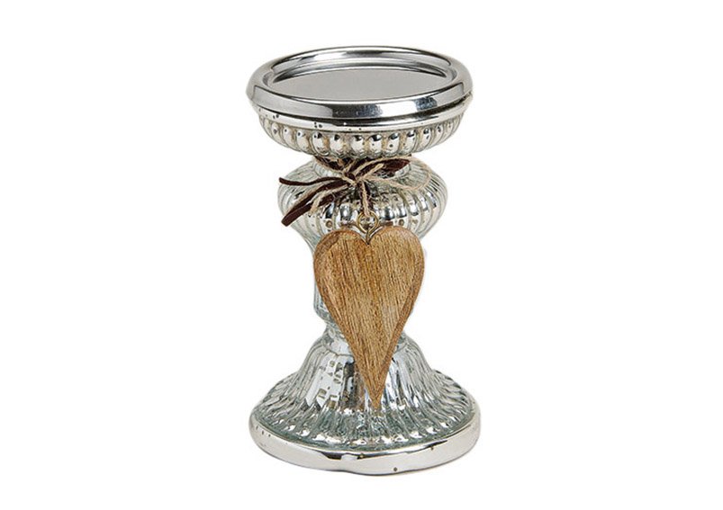 Bougeoir en verre avec pendentif coeur en bois Argent (L/H/P) 10x16x10cm Ø10cm