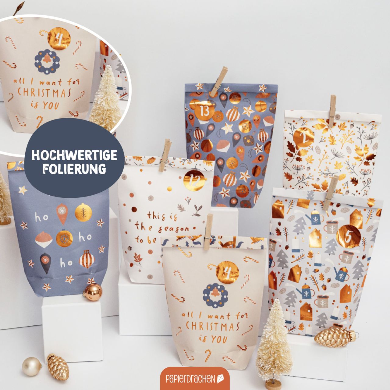 Sacchetti per il calendario dell'Avvento – Hyggewald in carta/cartoncino colorato, set da 24 pezzi (L/A/P) 19x22x2 cm weihnachtsgeschenkverpackung, geschenkpapier, folierung, weihnachtliche muster, tüten
