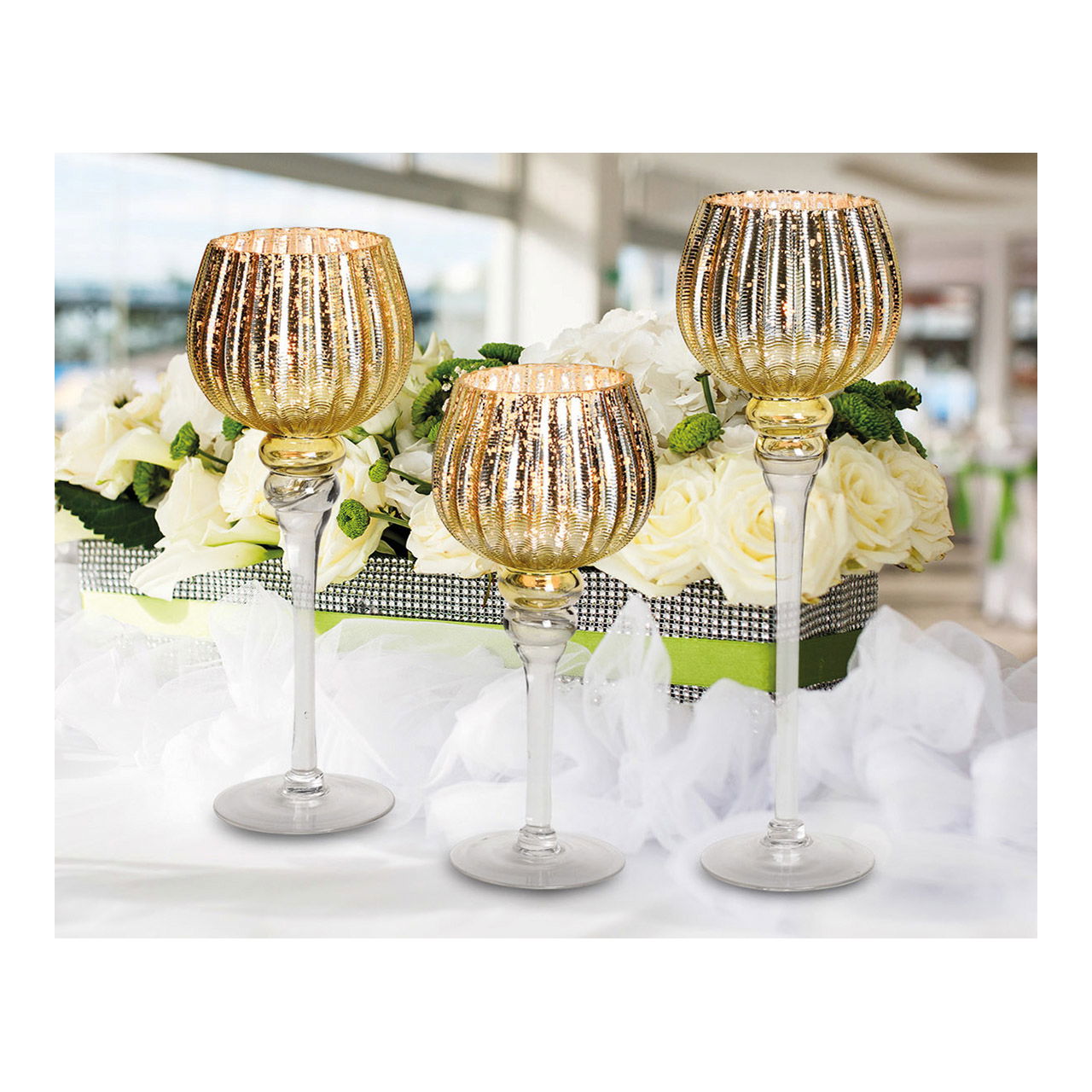 Wind light set goblet fluted, 30, 35, 40 cm x Ø13cm made of gold glass set of 3 Wind light set goblet fluted, 30, 35, 40 cm x Ø13cm made of gold glass set of 3