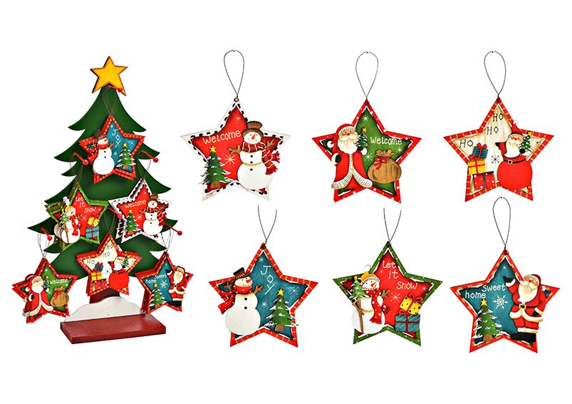 Colgador de Navidad estrella, Papá Noel, decoración muñeco de nieve, 48 piezas en soporte de árbol 35x60x12cm, de madera coloreada 6 pliegues, (c/h) 14x14cm