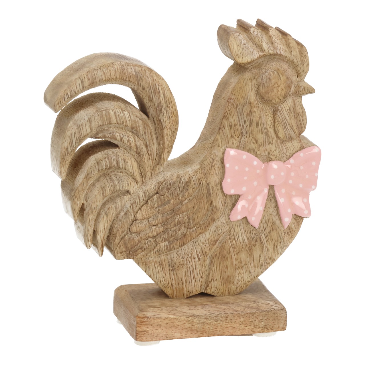 Chicken with bow made of mango wood natural (W/H/D) 15x16.5x5cm holzfigur, hahn, rooster, deko, pink bow