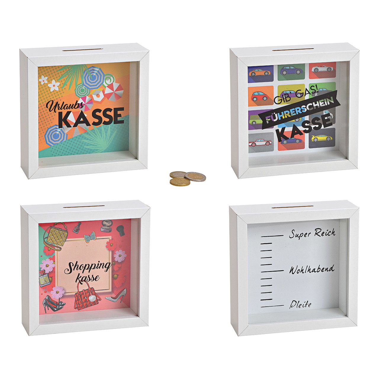 Spardose Sprüche aus Holz, Glas Bunt 4-fach, (B/H/T) 15x15x5cm Kassenformat, Geldkassette, Schubladenkassette, Miniaturkasse, Geldbox