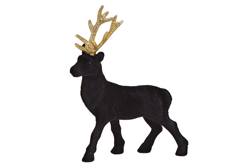 Deer flocked plastic black/gold 15x21x3cm