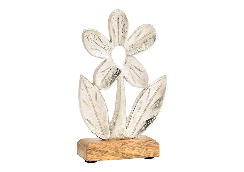Stand flower on mango wood base metal silver (W/H/D) 12x20x5cm