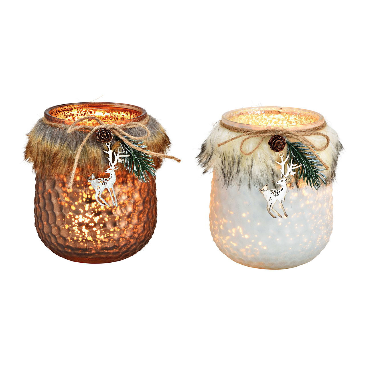 Windlicht Kunstfell Dekor, aus Glas, Braun, Weiß, 2-Fach (B/H/T) 11x14x11cm Krug