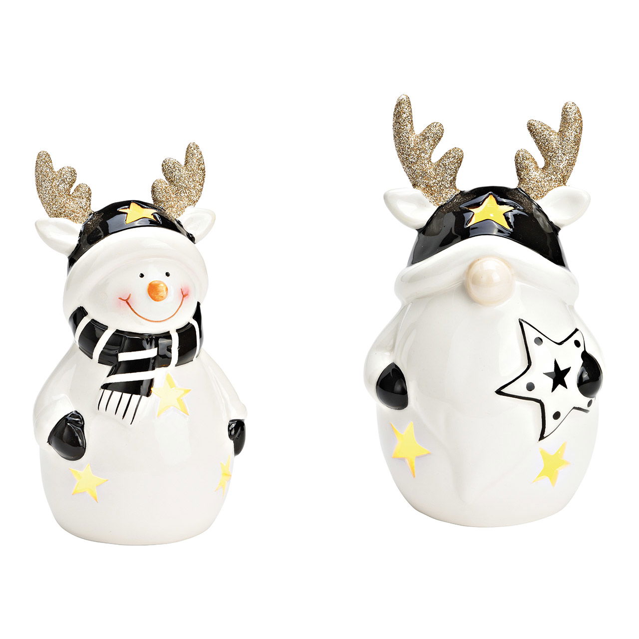 Gnome, snowman with LED made of ceramic black, white 2-fold, (W/H/D) 10x16x10cm