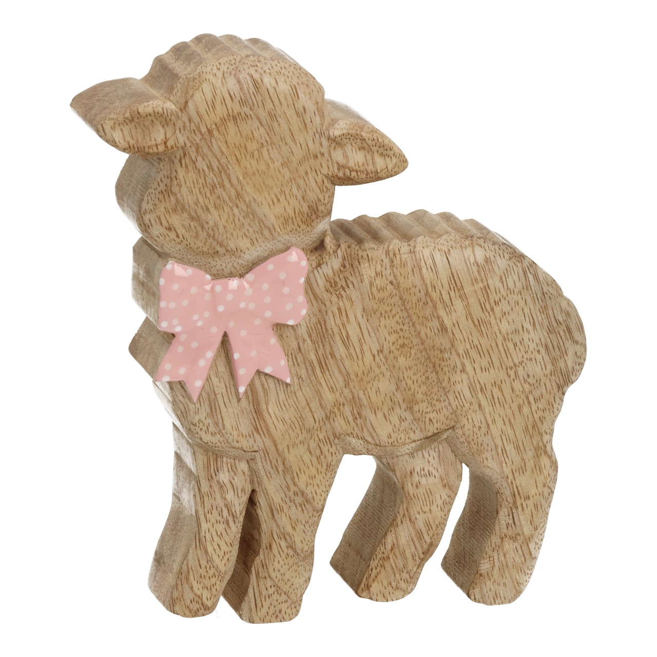 Sheep with bow made of mango wood natural (W/H/D) 13x15x2.5cm Holzspielzeug, Schaf, Holzfigur, Holzkuh?, Pinke Schleife
