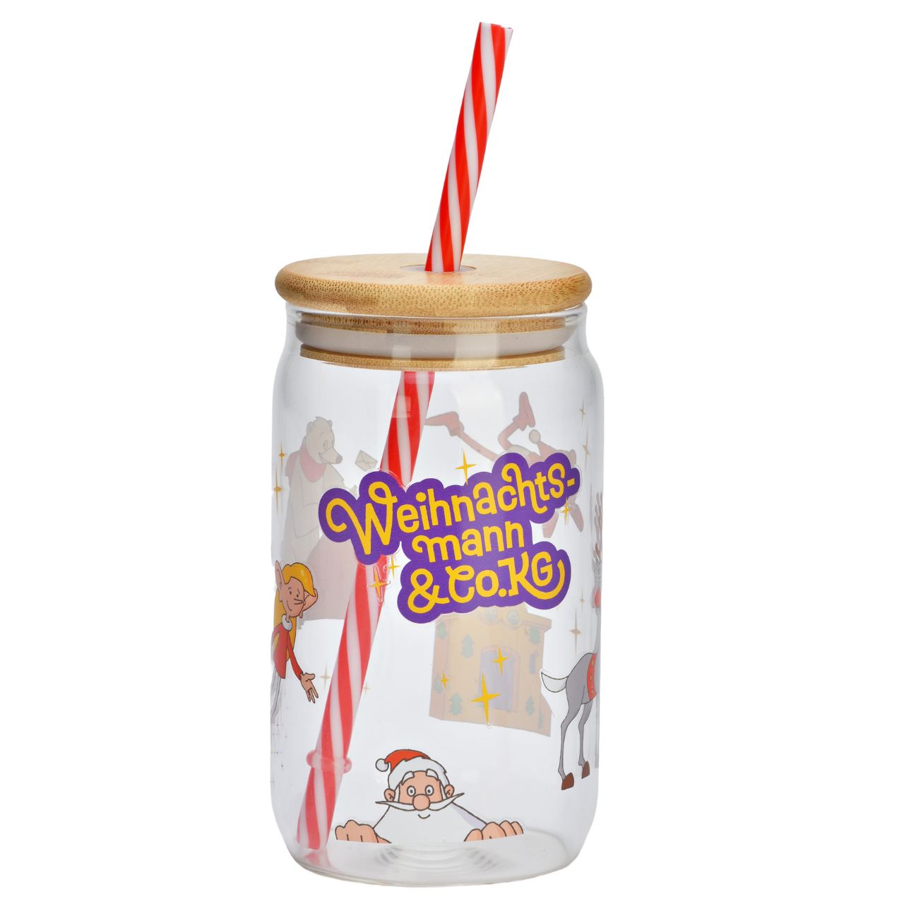 Weihnachtsmann & Co. KG Trinkglas mit Deckel/Strohhalm aus Glas/Bambus, Transparent (B/H/T) 8x13x8cm 470ml Glas, Trinkglas, Strohhalm, Weihnachten, Mason Jar