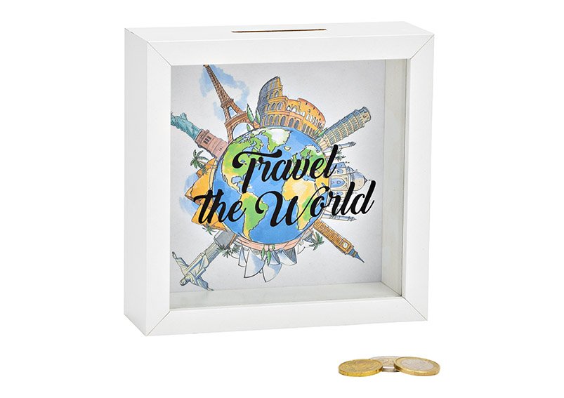 Tirelire Travel the World en bois, verre blanc (L/H/P) 15x15x5cm