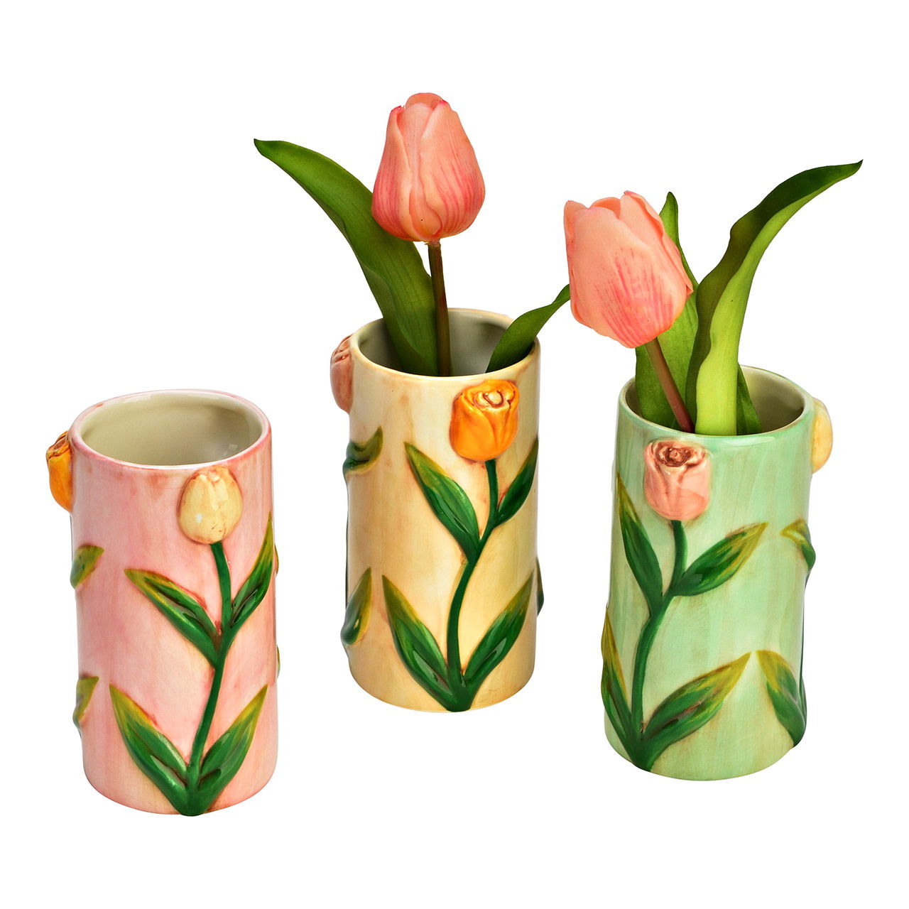 Vase en céramique, fleurs, triple, beige/rose/vert (L/H/P) 7x13x7cm Pokal, Töpferei, Kunst, Porzellan