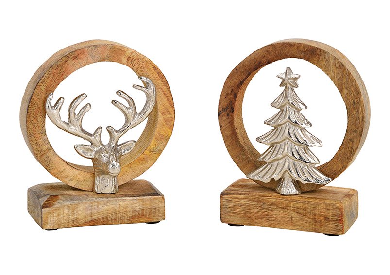 Stand circle, with metal deer head, christmas tree made of mango wood brown 2-fold, (w / h / d) 12x14x5cm