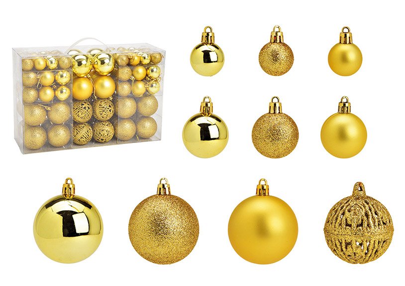 Set de boules de Noël en plastique Lemon Gold 100pcs, (L/H/P) 23x35x12cm Ø3/4/6cm