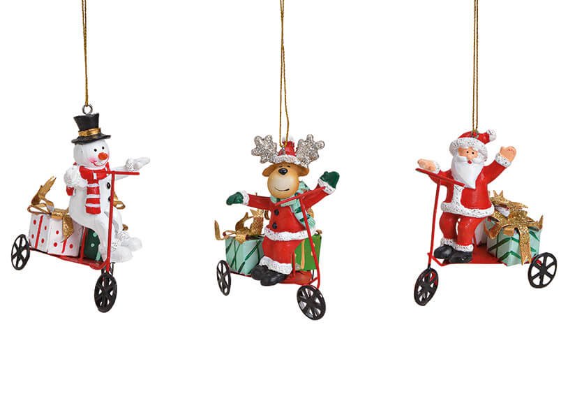 Weihnachtshänger Nikolaus, Schneemann, Elch auf Dreirad aus Poly, Metall Rot 3-fach, (B/H/T) 8x9x5cm