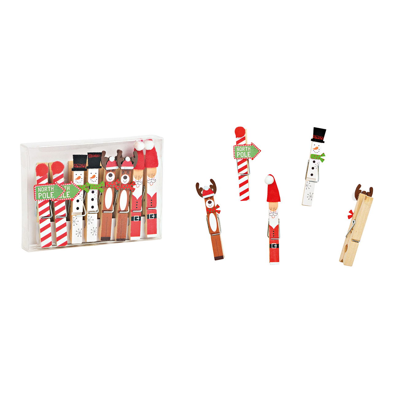 Set de pinces, motif de Noël 1x9x1cm, set de 8, en bois coloré (L/H/P) 12x9x2cm