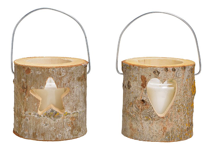 Lanterns, hearts, star decor, with glass, candle glass 6.5x8.3cm, candle 4.5x5cm made of wood brown set of 3, 2-fold, (w / h / d) 12x12x12cm