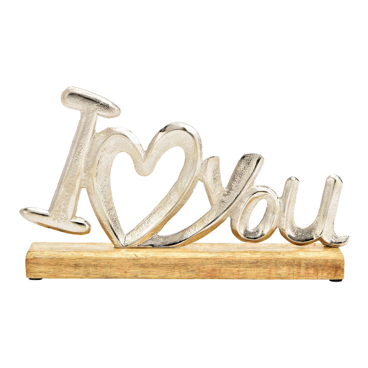 Aufsteller Schriftzug, I love you, auf Mangoholz Sockel, aus Metall Silber (B/H/T) 29x17x5cm