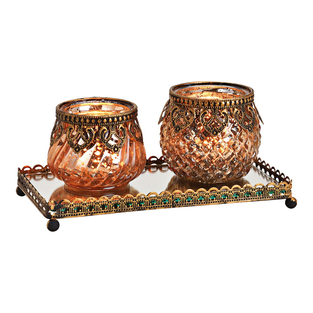 Windlichter Set auf Spiegeltablett mit Metall Rand Champagner 3er Set, (B/H/T) 20x9x10cm Windlichter Set auf Spiegeltablett mit Metall Rand Champagner 3er Set, (B/H/T) 20x9x10cm