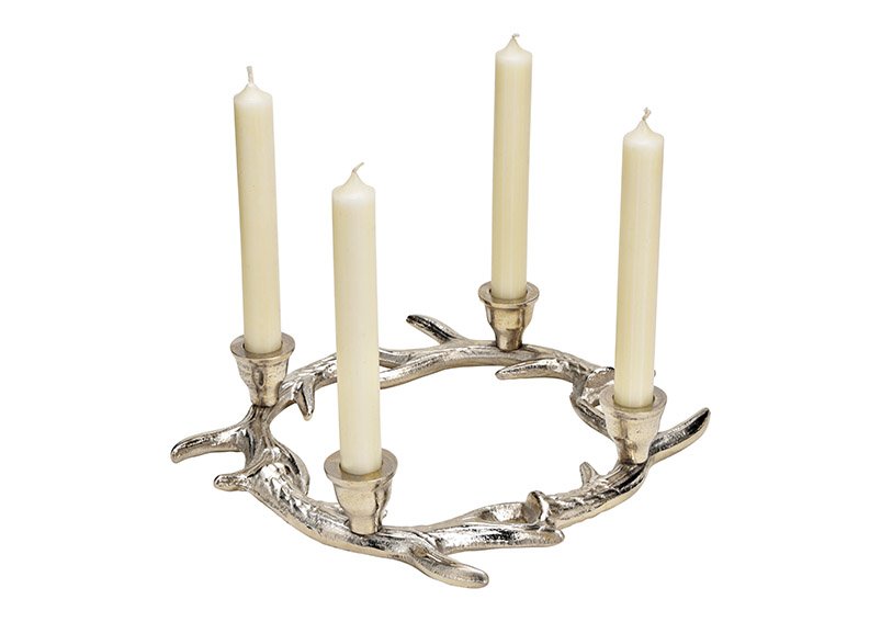 Couronne de l'Avent, porte-bougie pour 4 bougies Bois de cerf, en métal argenté (L/H/P) 31x5x31cm