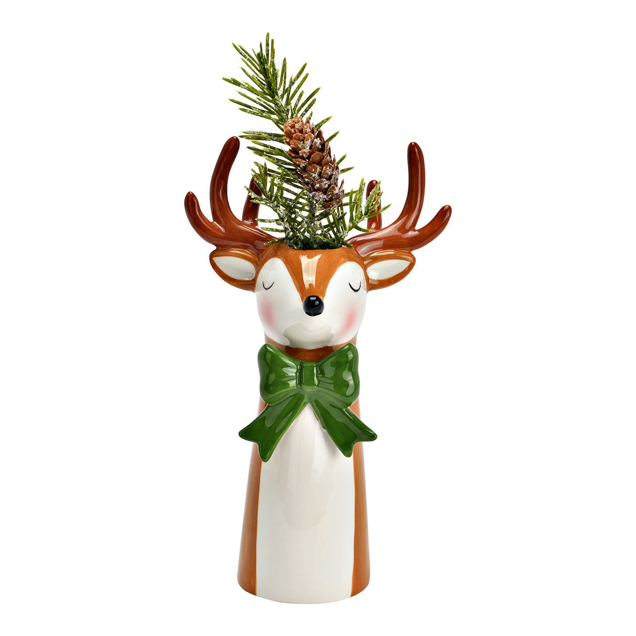 Ceramic vase deer with bow, brown/green/white (W/H/D) 14x24x10cm